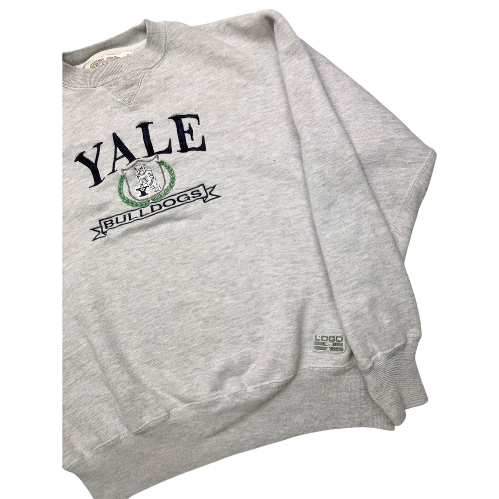 Vintage Logo 7 Yale Bulldogs Sweatshirt Heather Gray Embroidered Crewneck Medium